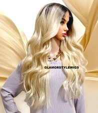 33" LACE FRONT FULL WIG LONG WAVY LAYERED OMBRE OFF BLACK BLEACH BLONDE MIX