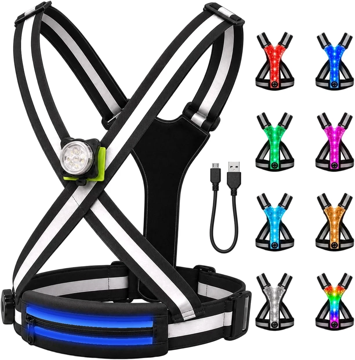 Reflective Running Safety Vest with Rechargeable Chest Light, Light up Zip Waist