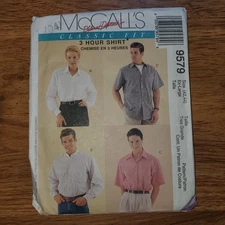 McCall's #9579 Woman's & Men's 3 Hour Shirt. Size X-Lg. Printed 1996 UNCUT