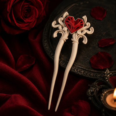 Queen of Hearts Twist Hair Pin Red Heart Double Bun Fork ''MADE IN USA''
