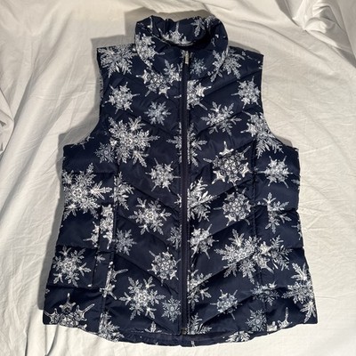 Lands' End Women s Quilted Puffer Down Vest Zip Blue White Snowflakes Size Small