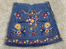 Harper Heritage Blue Denim Skirt Women's S Colorful Floral Embroidered