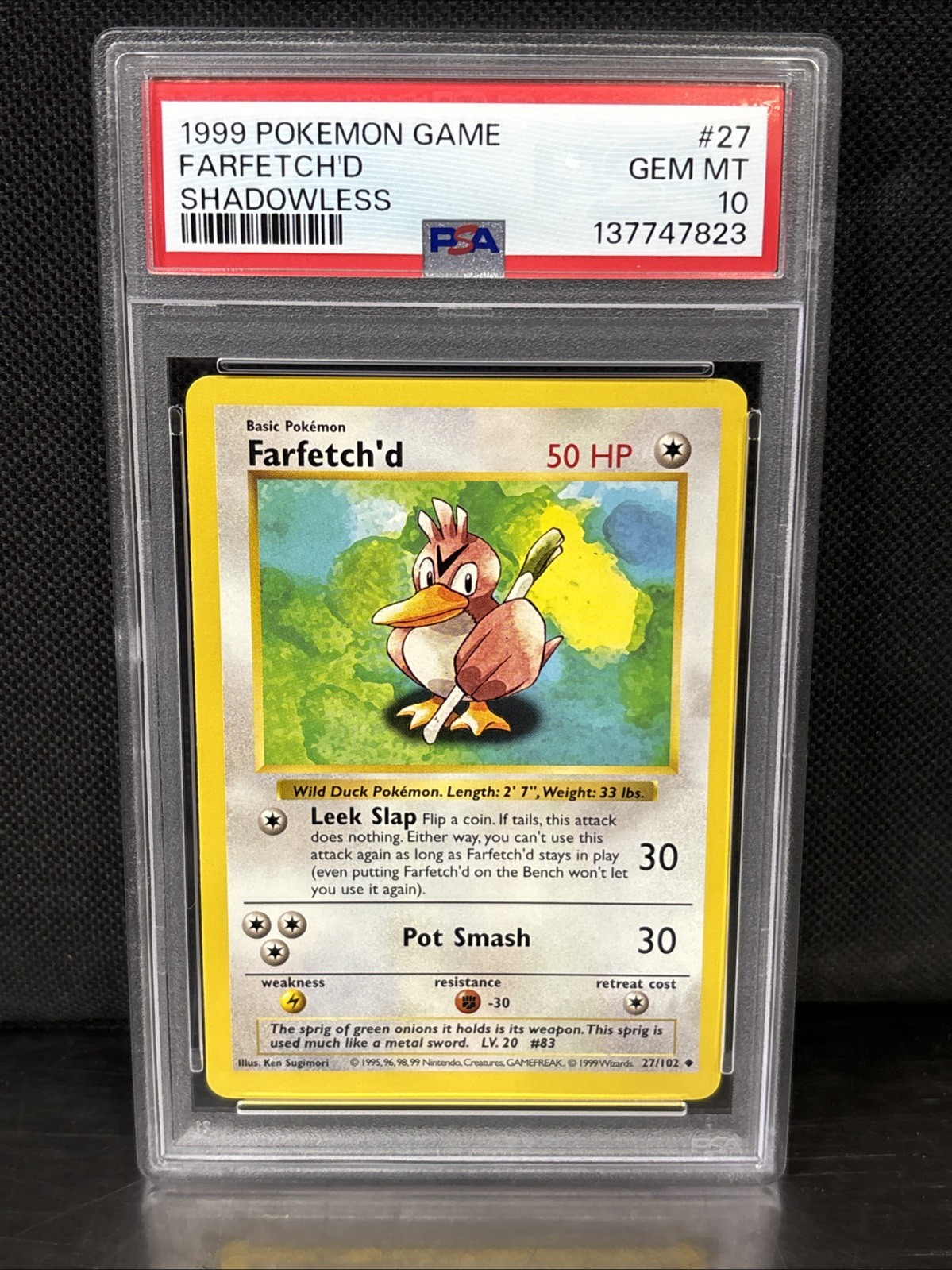 1999 Pokémon Shadowless Base Set Farfetch’d #27 PSA 10