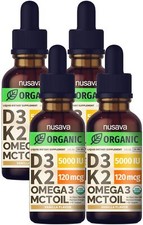 4 Pack Organic Vitamin D3 K2 Drops with MCT Oil Omega 3 5000 IU Maximum Stren...