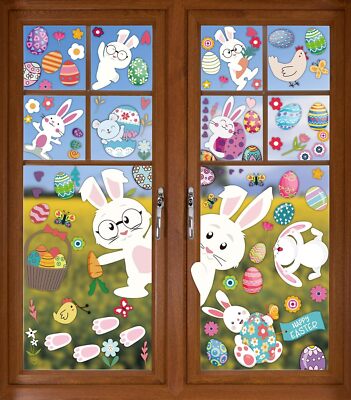 9 Sheets Easter Window Stickers, 131Pcs Cute Eggs Bunny Carrot Clings for Easter