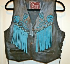 Leather Club Womens Med Motorcycle Vest Black Fringe Turquoise Rose Inlayed
