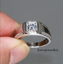 Men's Real Moissanite Engagement Wedding Ring 1.75CT Round Cut 14K White Gold FN