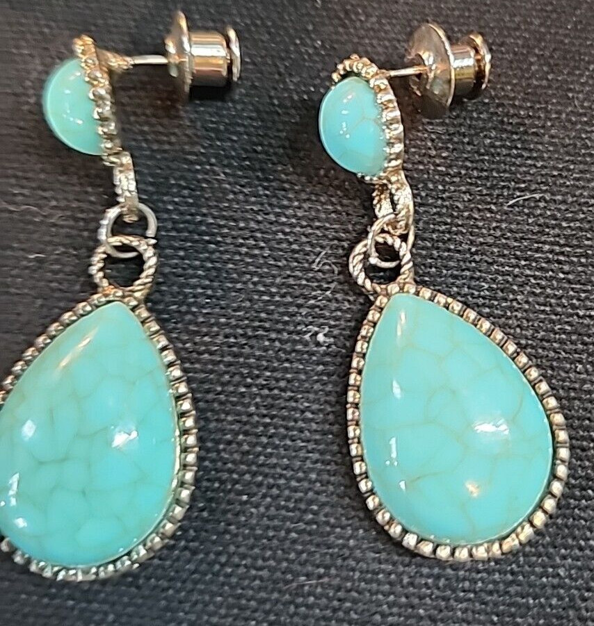 Silver Gemstone Turquoise Stud Dangled Earrings - image 5