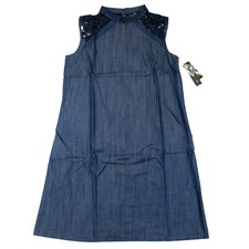 AB Studio Womens Chambray Shift Dress Size 6 Blue Cotton Lace Back Sleeveless