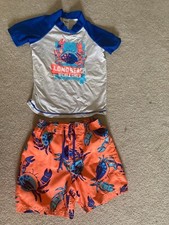 OshKosh Toddler Boys 3T Blue Orange Swim Set Shorts Trunks Rash Guard Summer