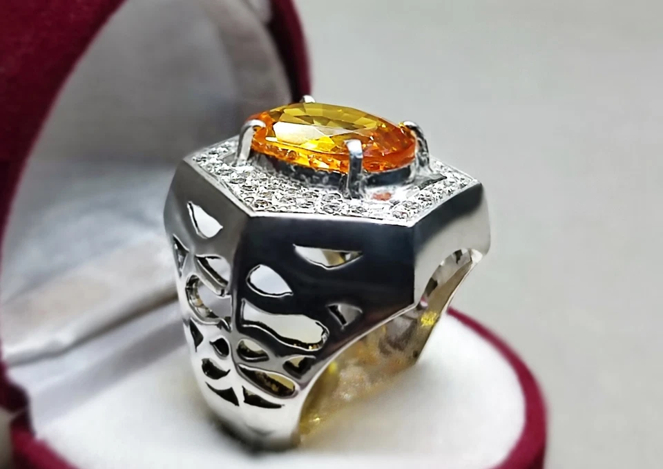 Oval Cut 13 Ct Deep Yellow Citrine Sterling Silver 925 Handmade Mens Heavy Ring - Image 2 of 4