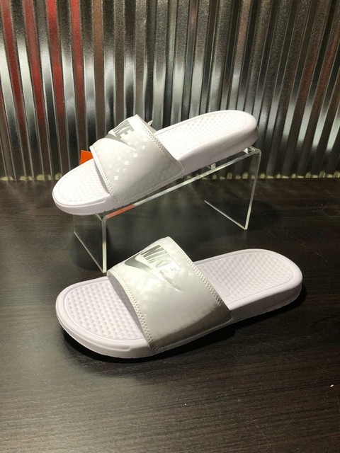 nike benassi slides white and silver