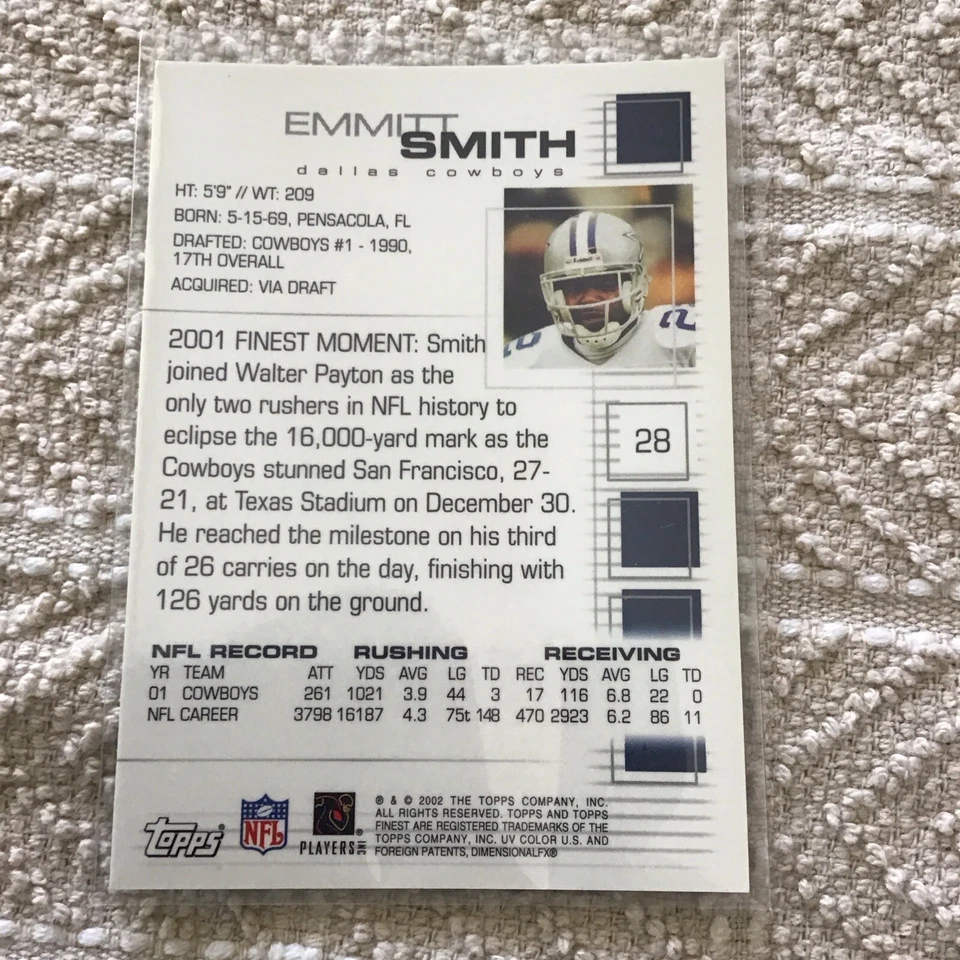 2002 TOPPS FINEST #28 EMMITT SMITH DALLAS COWBOYS NFL ALL-TIME RUSHING LEADER - Image 2 of 2