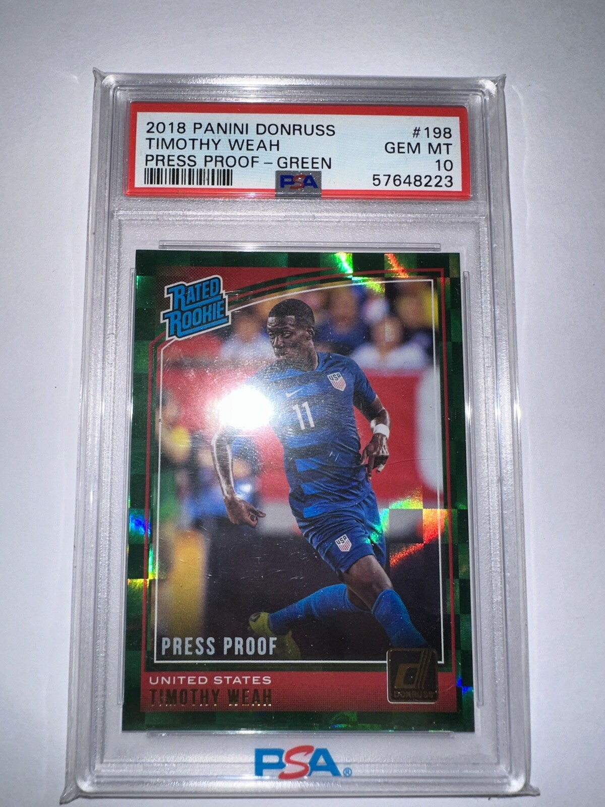 2018 Donruss #198 Timothy Weah Press Proof Green Rated Rookie PSA 10 Pop 5 USMNT