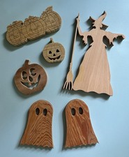 Lot of 6 Carved Wood Halloween Unpainted Decor Pieces Witch Pumpkins Ghosts