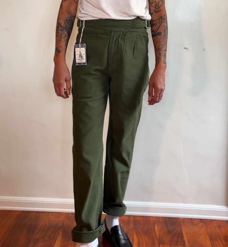 SAUCE ZHAN, UK ARMY GURKHA PANTS, FATIGUE SIZE 28, OLIVE GREEN, WIDE TAPERED