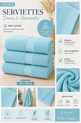 Lot de 3 grandes serviettes de bain 100x130 cm 100 % coton bleu turquoise clair - Photo 1/4