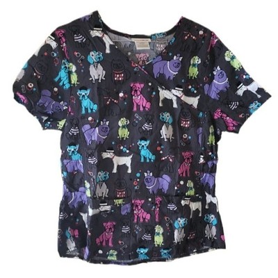 ScrubStar Dark Gray Multi-Color Cute Dogs Short Sleeve Scrub Top