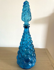 Vintage Italian Empoli Blue Bubble Glass Decanter & Stopper Made in Italy VGC