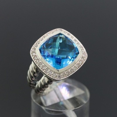 David Yurman Sterling Silver Albion Ring 11mm Blue Topaz and Diamonds Size 8