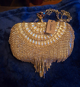 Natasha Beaded Fringe Clutch Bag w/ Chain Strap, Silver/Ivory Evening