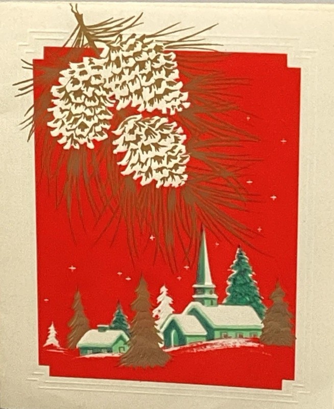 Embossed Pinecones With Gold Accents Church Gold Trees 40s VTG Christmas Card
