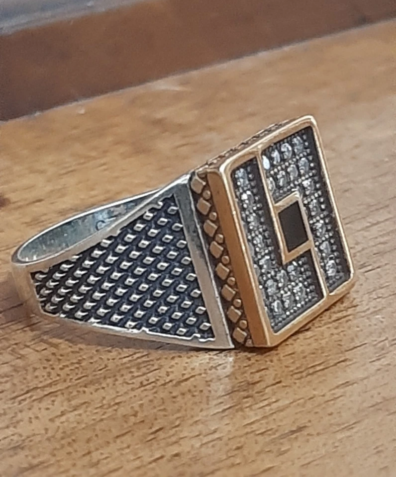 ANELLO UOMO Onice ARGENTO 925 sigillo solitario smalto Ring Man Sterling Onyx $ - Immagine 2 di 4