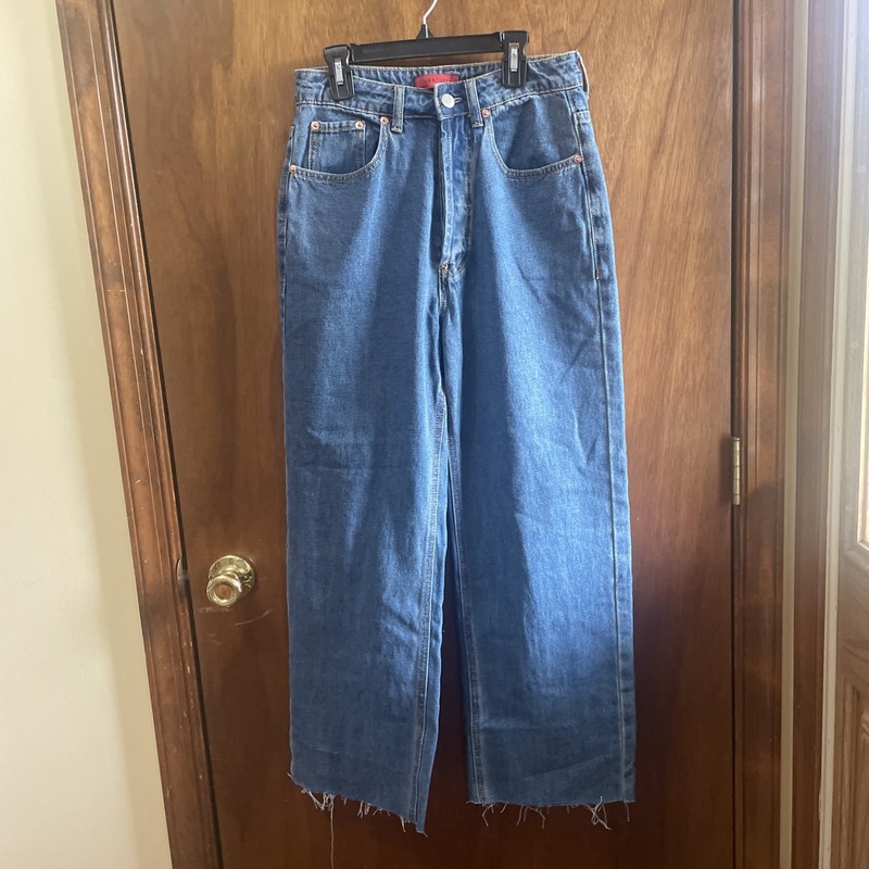 SIGNATURE 8 Women’s 5-Button Distressed, Raw Hem Medium Blue Denim Jeans -Size S