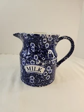 Burleigh Blue Calico Staffordshire England MILK Creamer Cream Pitcher Jug 5.5"