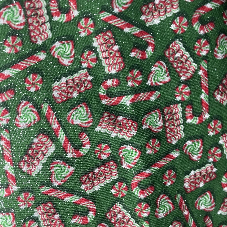 Glitter Candy Cane Christmas Fabric Green Peppermint Print 36x40 Cotton Holiday - Image 3 of 4