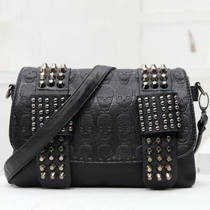 Gothic Black Skull Rivet Crossbody Bag Vintage Punk Messenger Bag