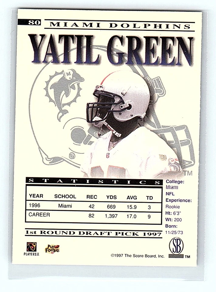 1997 Score Board Rookie Yatil Green Rookie Miami Dolphins #80 - Image 2 of 2