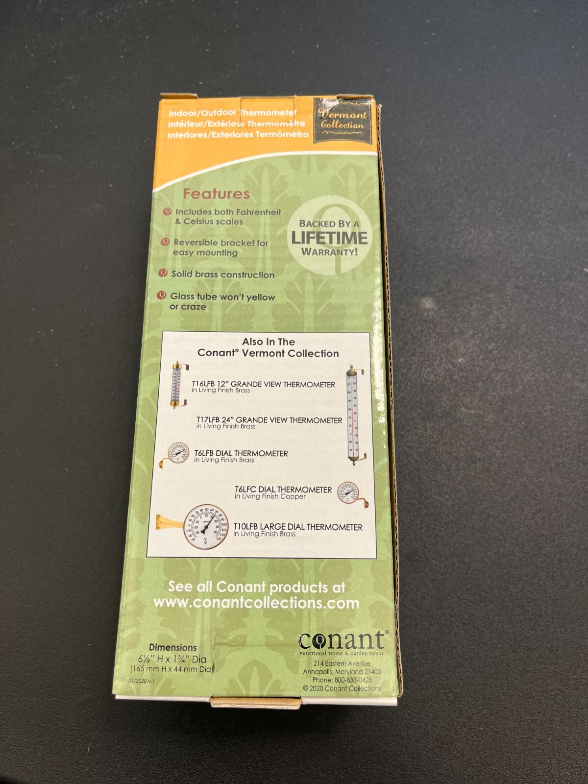 CONANT Vermont Indoor/Outdoor 7" Thermometer, Living Finish Brass New