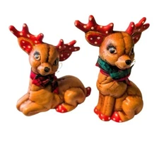 Kimple Mold Quilted Reindeers Hand Painted Red Polka Dot Christmas Lot Of 2 Vntg