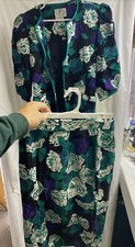 Flora Kung Vintage Dress 1980s 100 Silk Green / Purple/ White /black Pads Sz 6