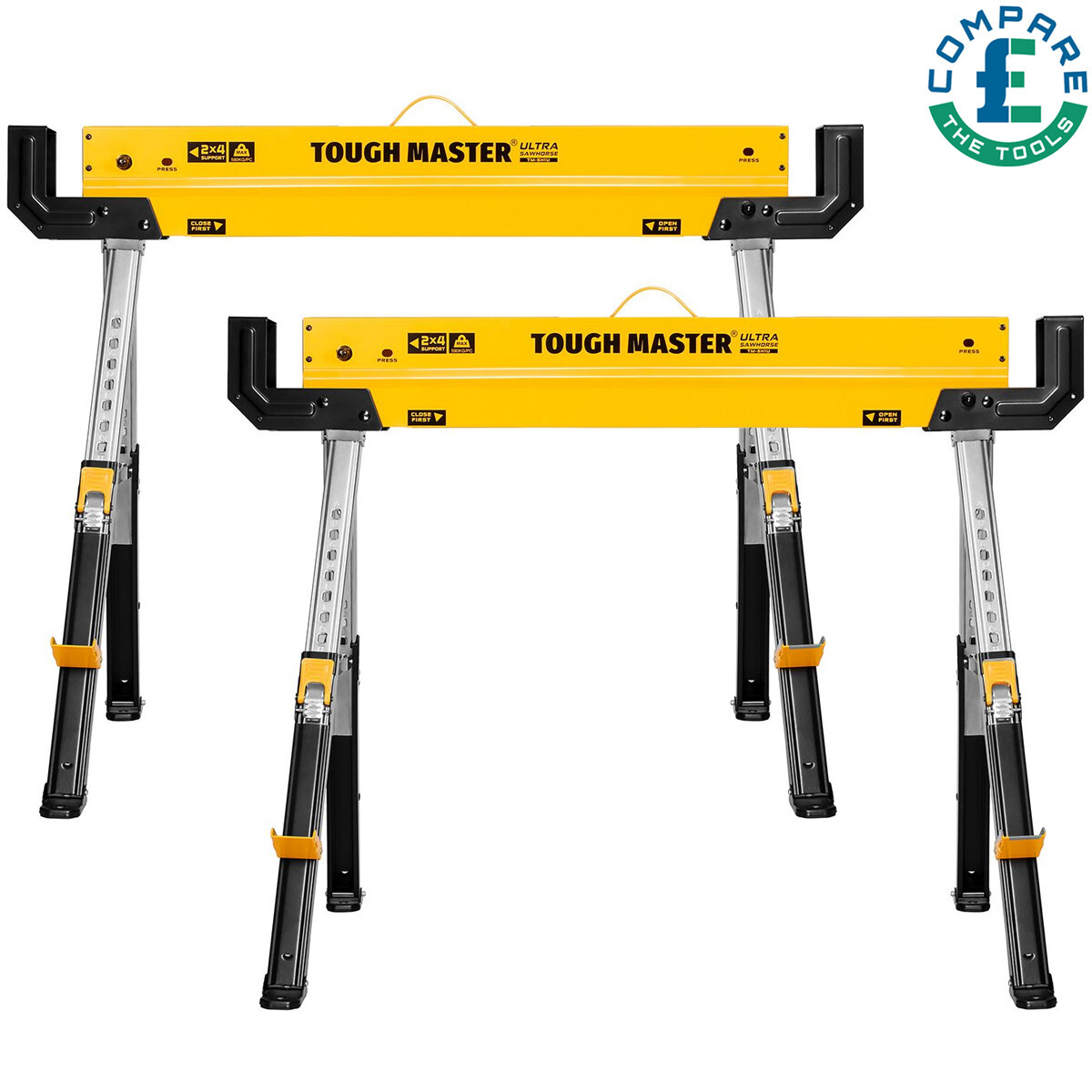 TOUGH MASTER Saw Horse 9-Position Height Adjustable Heavy Duty Steel Workbench 62-82cm Supports up to 590 kg Folding Saw Anti-Slip Top & Handle Sawhorse for Contractors, Carpenters, DIY (2) - Image 3