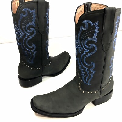 El General Men BLACK Leather SQUARE TOE Cowboy Western Motorcycle Biker Boot 9.5
