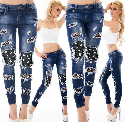 ORIGINAL Jeans Hose Stretch Röhrenjeans Kunstleder Fetzen Risse Skull XS-XL
