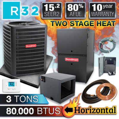 Goodman 3 Ton AC & 80% AFUE 80000 BTU 2 Stage Gas Furnace System, Horizontal