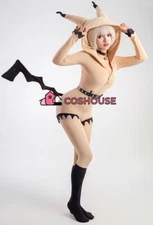 Women Mimikyu Fluffy Bodycon Hooded Bodysuit Deep V One Piece Rompers with Socks