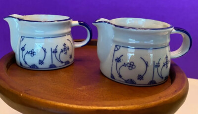 TWO PORCELAIN  4oz individual creamers By Jaeger Esenberger, 1960 s, BLUE WHITE