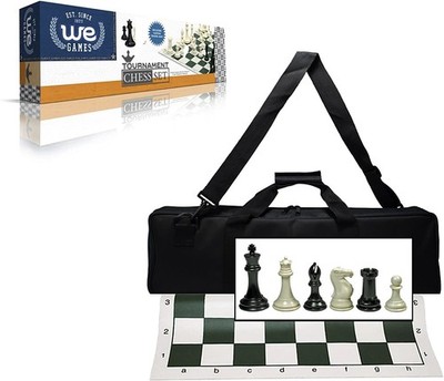 WE Games Complete Tournament Chess Set, Triple Weight Pieces, Green Board, Bag