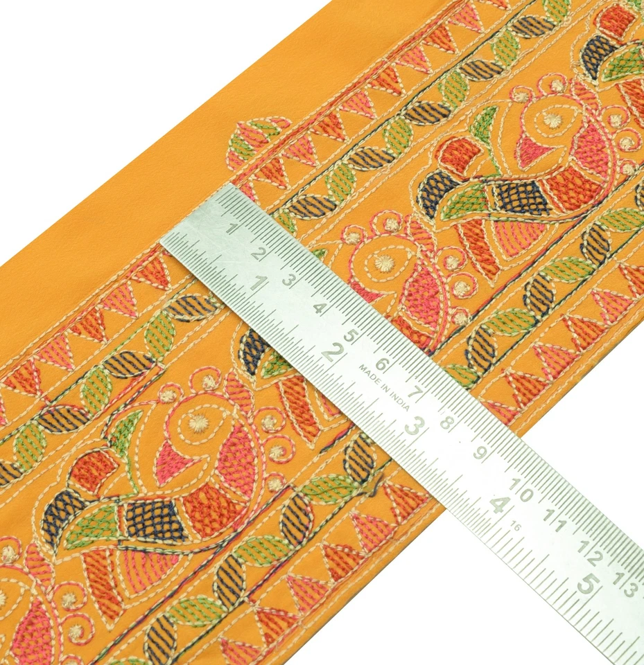 Sushila Vintage Yellow Saree Border Indian Craft Sewing Trim Embroidered Lace - Image 4 of 4