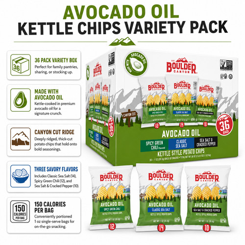 Boulder Canyon Kettle Style Potato Chips, Variety Pack, 1 oz, 36-count