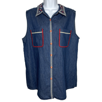Vintage 80s Bechamel Blue Denim Sleeveless Shirt Top Size XL Floral Embroidered