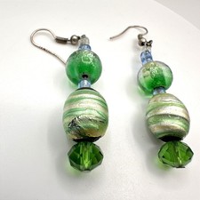 Vintage 90s Green Art Glass Foil Bead Silver Tone Dangle Earrings Boho Jewelry