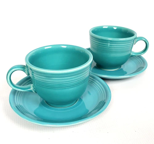 Vintage Fiesta Ware Cup and Saucer Sets Turquoise Aqua Blue ~ Lot of 2