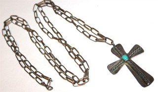 #21 Beautiful engraved 1970s southwest sterling silver turquoise cross necklace