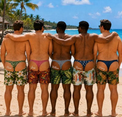 Custom Funny Mens Swim Trunks, Fake Thong Gag Gift For Husband, Bachelor Party