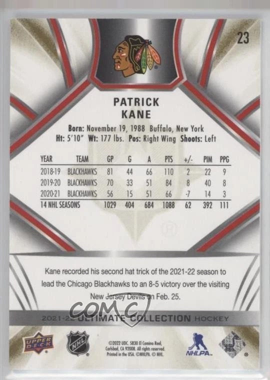 2021-22 Upper Deck Ultimate Collection Gold /35 Patrick Kane #23 - Image 2 of 2